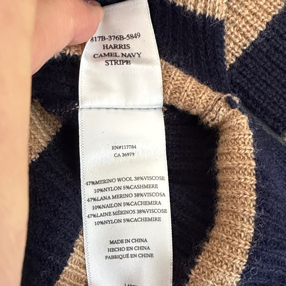 Rails Harris Wool Cashmere Polo Sweater in Camel Navy Stripe Size L - Picture 14 of 15